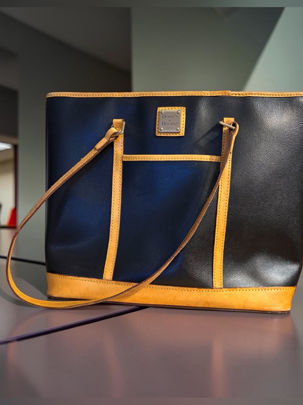 Dooney & Bourke Black with Tan Trim Leather Handbag